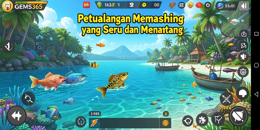 Gameplay GEMS365 yang penuh warna dan menyenangkan saat memancing.