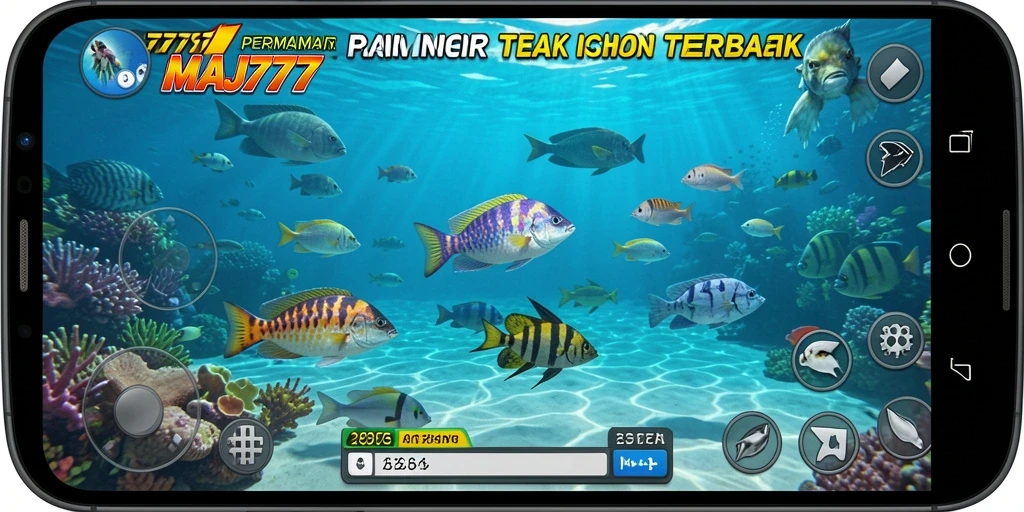 Screenshot utama MAJ777 menampilkan aksi seru menangkap ikan.